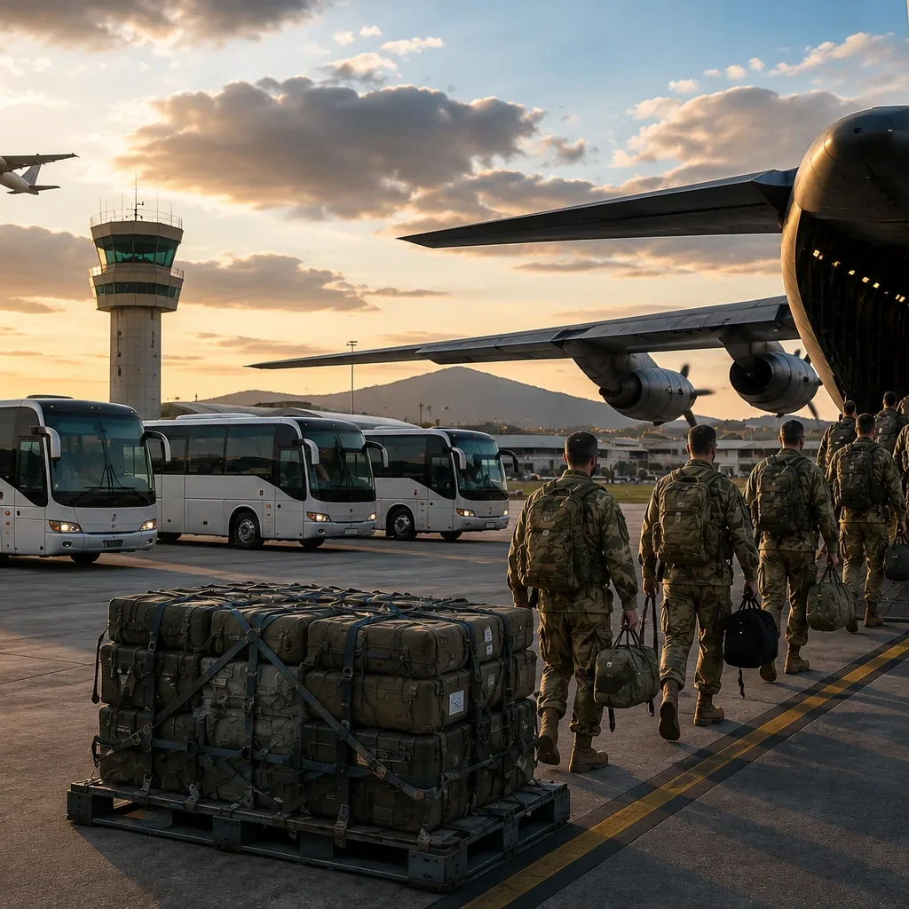 Personnel and equipment boarding military air transport during Talisman Sabre 2025 logistics operations