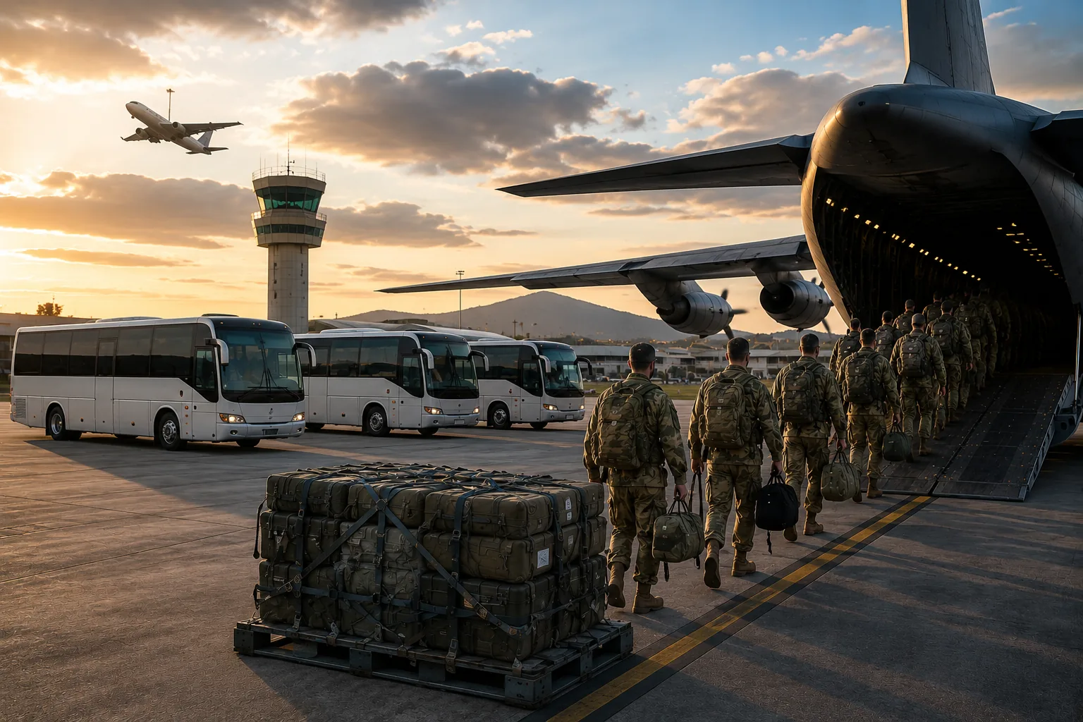 Personnel and equipment boarding military air transport during Talisman Sabre 2025 logistics operations