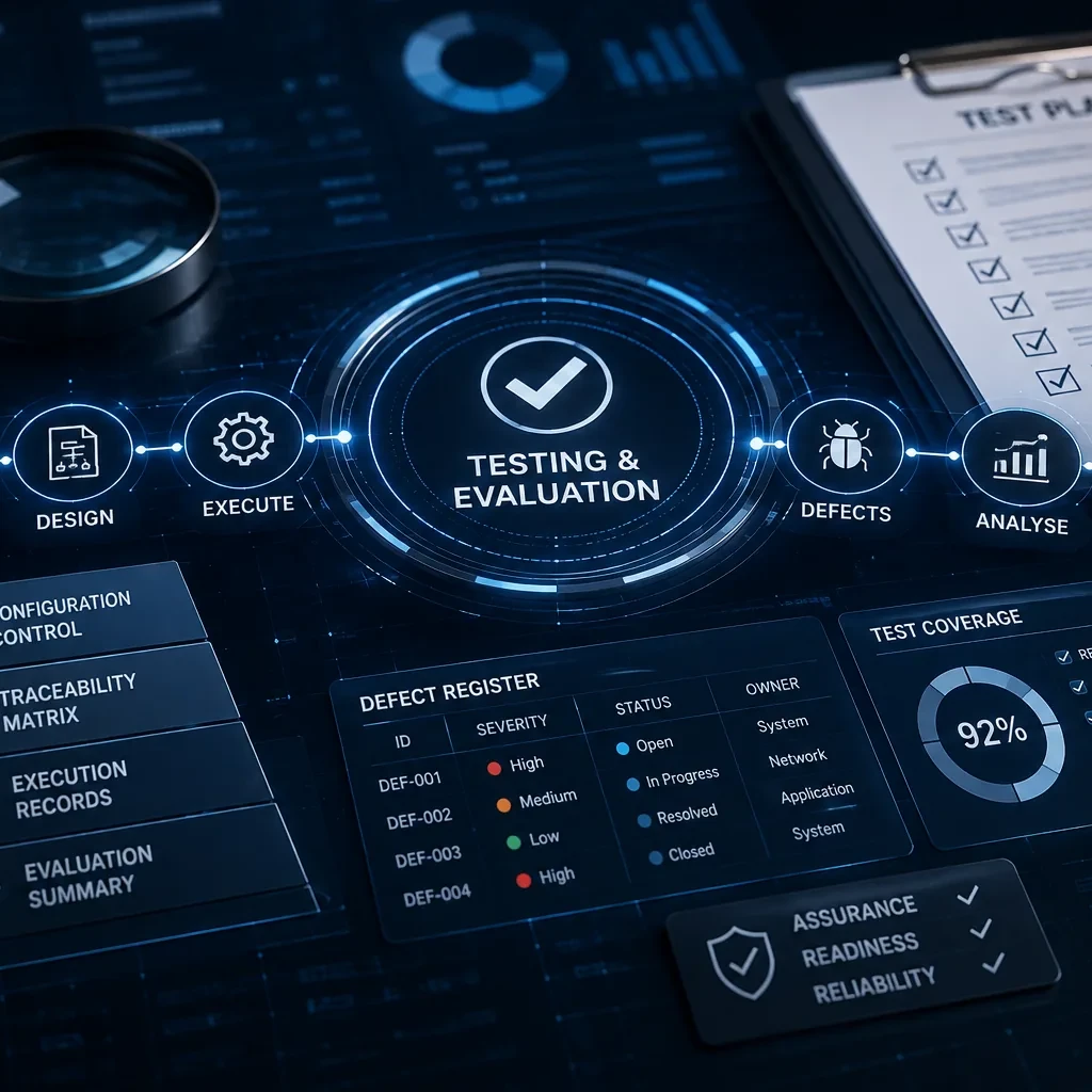 Defence testing and evaluation process showing test planning, defect management and system assurance