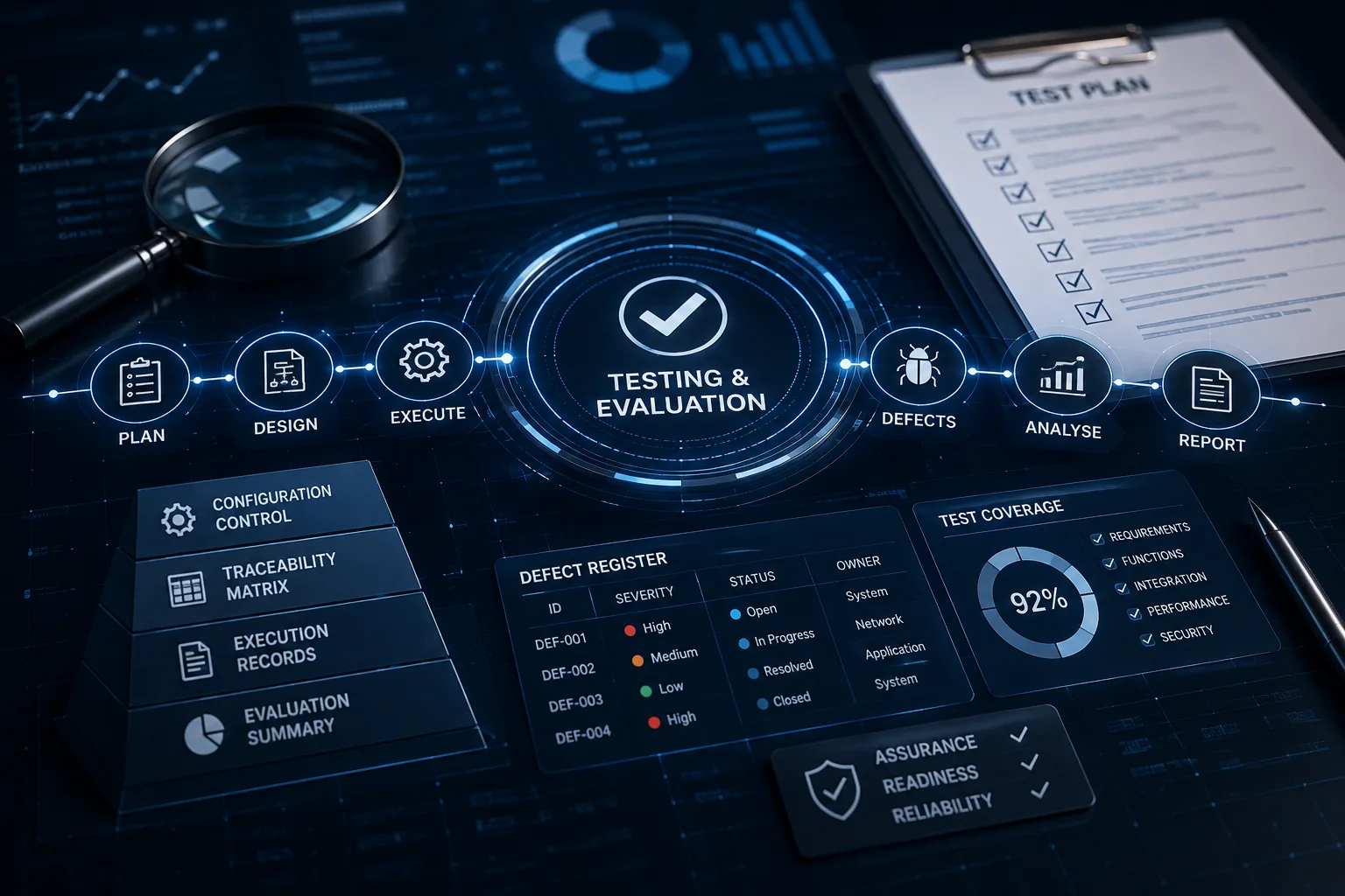 Defence testing and evaluation process showing test planning, defect management and system assurance
