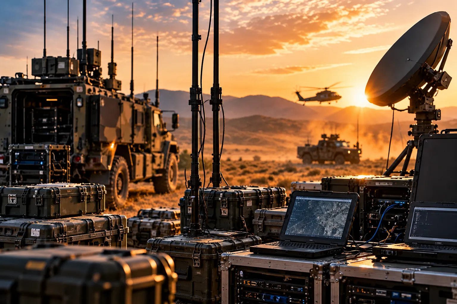 Defence deployed ICT infrastructure with tactical communications vehicles, satellite equipment and ruggedised computing systems